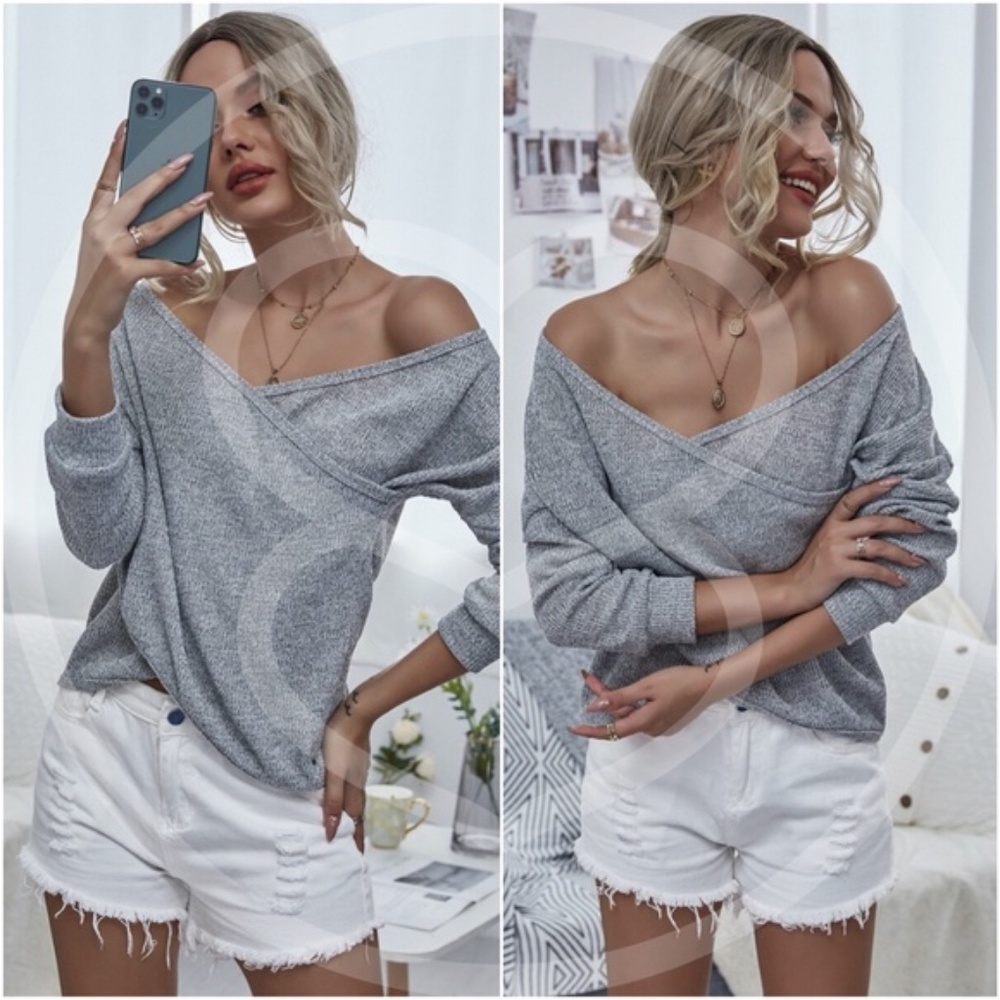 charcoal Off shoulder knit long sleeve top - Picture 5 of 12